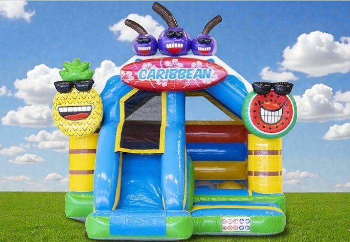 Hüpfburg Dschungel Buntes Hüpfburg-Design mit Tiermotiven wie Löwe, Zebra und Leopard.