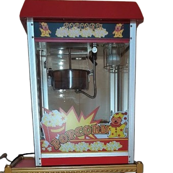 Popcornmaschine in rotem und goldenem Design mit transparentem Gehäuse.