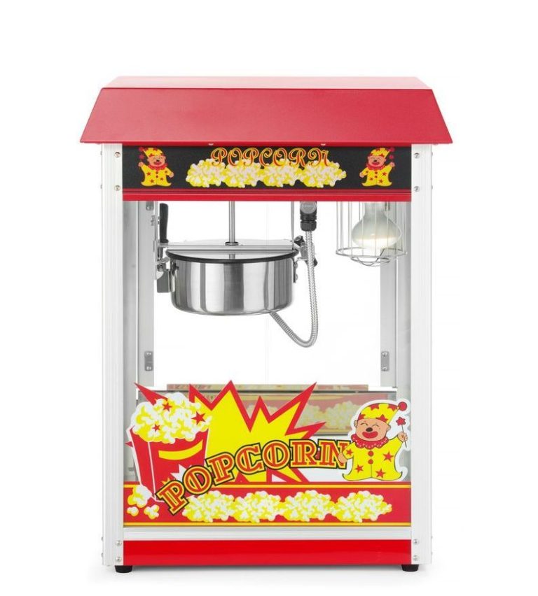 Popcornmaschine auf einem Wagen, rot und blau dekoriert.